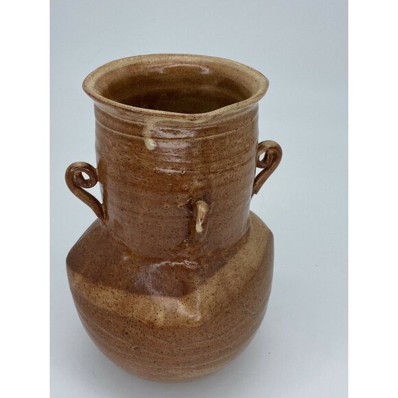 Handmade Art Pottery Vase Vintage 2001 Signed 4‎ Handled Milk Jug 9” Brown Tan - Picture 5 of 12